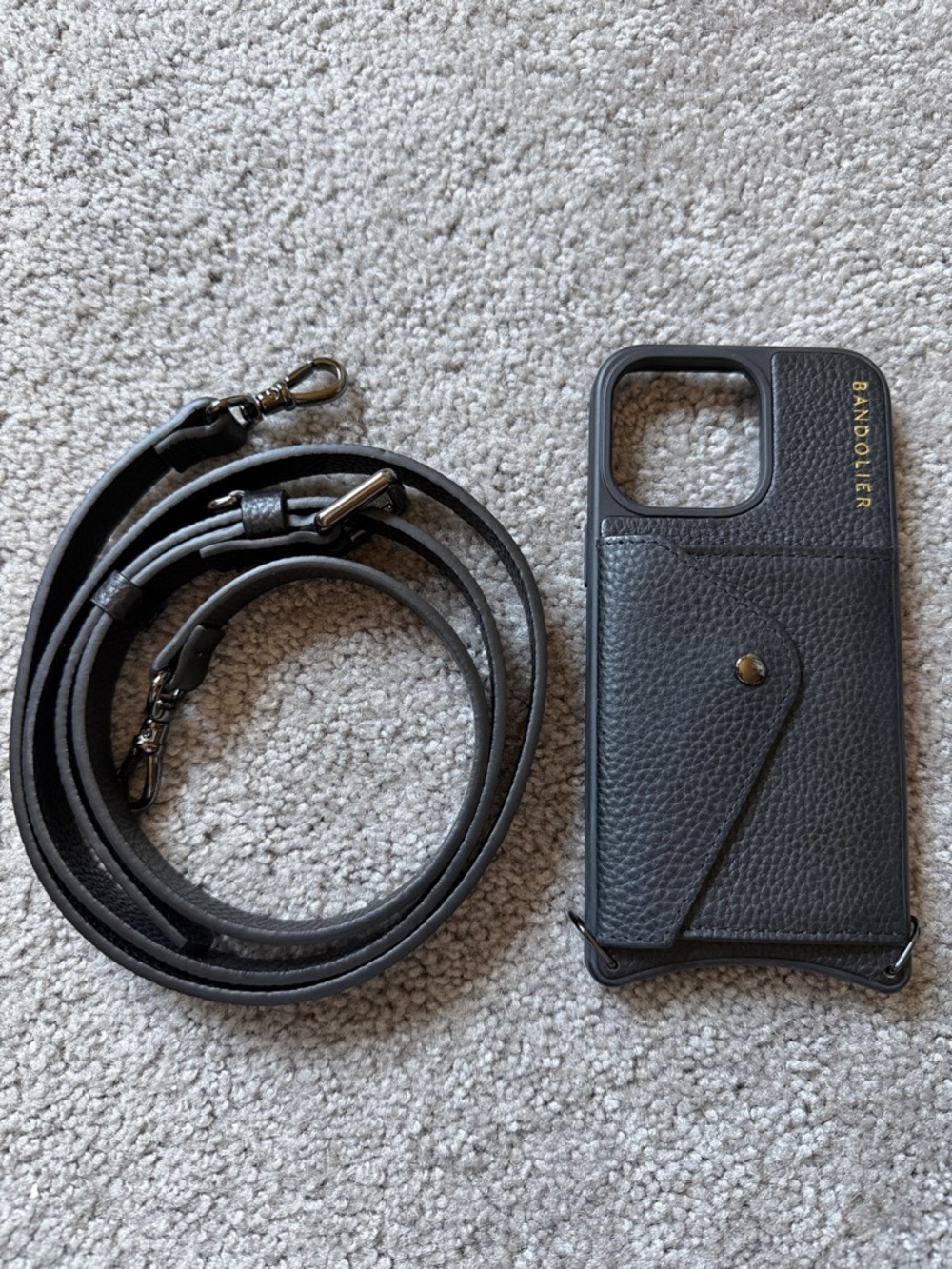 Bandolier Black Leather Crossbody Phone Case with Card Pocket and Strap